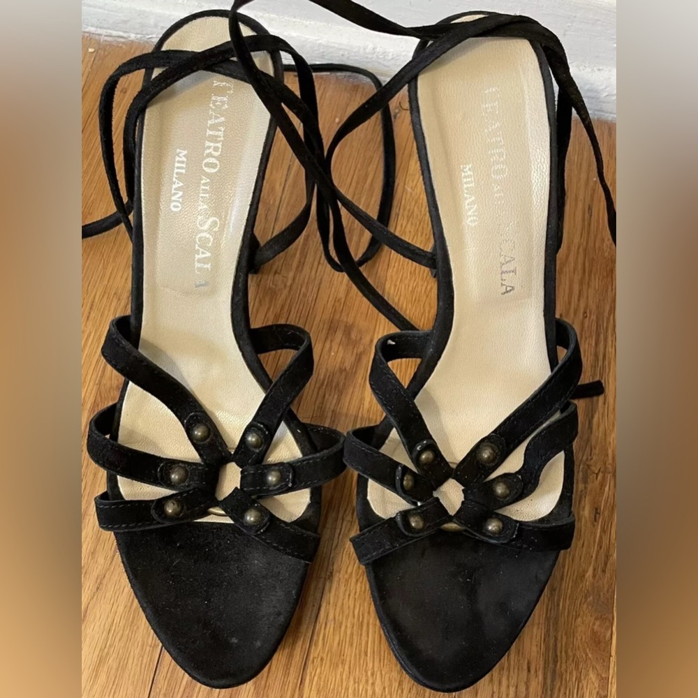 TEATRO ALLA SCALA black suede leather ankle wrap peeptoe shoes heels 8 b